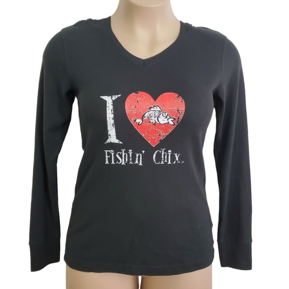 LAT Fishin' Chix Womens Hooded Long Sleeve Waffle Texture Top ~ New With Tags